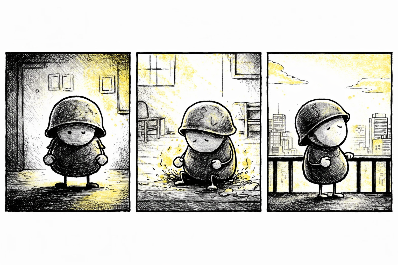 Panel 1: Sarge, a tough round pebble with a dented helmet, stands alone in a dim military office, medals missing from his chest, face a mix of defiance and hurt. Panel 2: Sarge sits cross-legged on the floor of a sunlit empty apartment, fists clenched, a small fire quietly blazing on the ground beside him, symbolizing burning away his old self. Acid-yellow light filters through a cracked window. Panel 3: On a balcony overlooking a cityscape in soft morning light, Sarge stands quietly, helmet slightly lifted, eyes closed in peace, the noise of past battles fading like distant thunder.