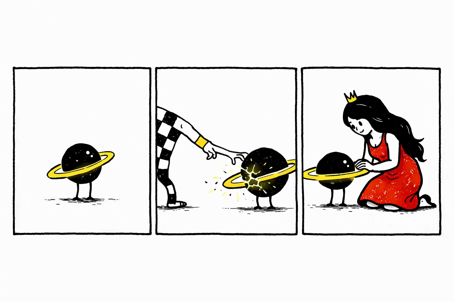 Panel 1: Orbit, a tiny ringed planet with stick legs, looks contemplative as its yellow ring tilts off-center. A distant soft glowing heart (colored orange) is in the sky.
Panel 2: Glitch, an asymmetric checkerboard creature with one long arm and a yellow square ear, stretches an arm toward Orbit, a small crack distorting its ring. 
Panel 3: Queen, wearing her bright red dress and tiny VERY crooked crown, places a hand softly on Orbit's ring, stabilizing it but only doing it because she wants to. Not when Orbit needs it most. A soft red rose has replaced the orange glowing heart.