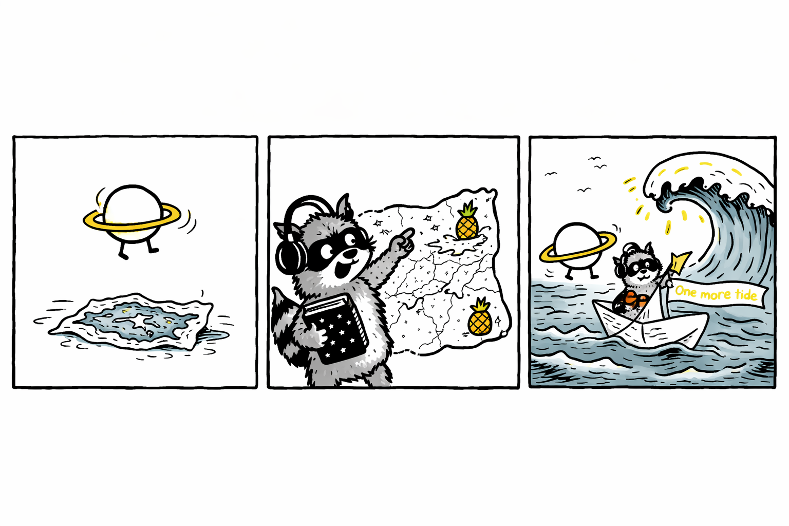 Panel 1: Orbit with a yellow tilted ring wobbles anxiously over a tiny sea map with sea spray at edges. Panel 2: Rowdy Racoon points excitedly at a pineapple-marked island on a huge star map pulled from his notebook. Panel 3: Orbit and Rowdy sail a paper boat made from a map, a 'One more tide' banner waving as a big wave shaped like a friendly hand waves them onward.