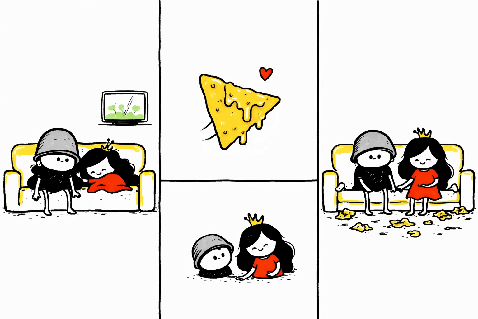 Panel 1: Sarge and Queen slumped flat like liquid puddles on a blocky couch, a tiny TV showing abstract sports shapes. Panel 2: Close-up of a single huge cheese-covered nacho chip, with a small red heart hovering nearby. Panel 3: Sarge and Queen sit upright holding hands, serene smiles, surrounded by empty snack wrappers.