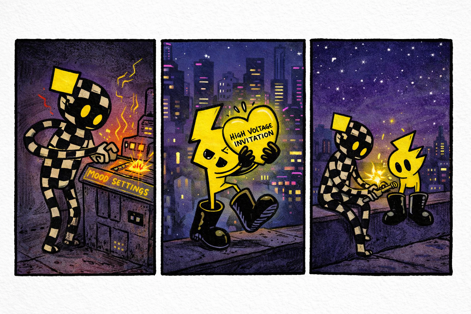 Panel 1: Glitch’s checkerboard arm fumbles over a glowing control panel labeled 'Mood Settings', sparks flying. Panel 2: Tiny lightning bolt Zip shows up with oversized black boots, flashing a mischievous grin, holding a red 'High Voltage' heart-shaped invitation. Panel 3: Glitch and Zip sit side-by-side on a tilted rooftop under starry sky, sharing a shy smile as electric sparks gently float around them.