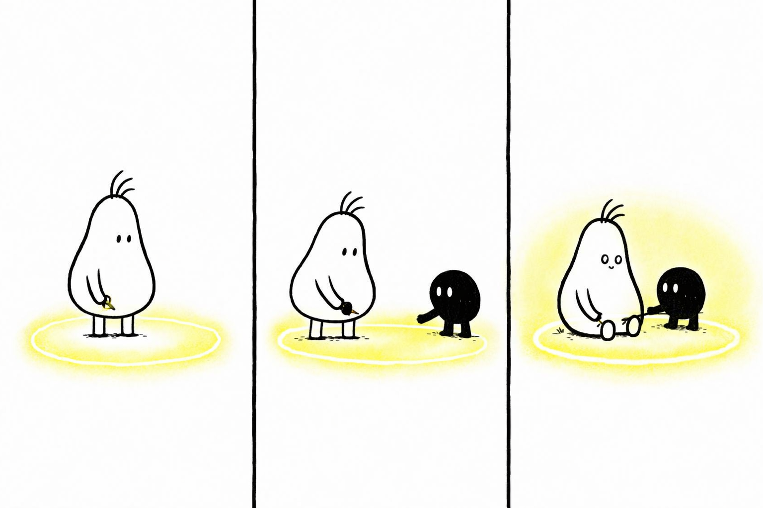 Panel 1: Pip, a white pear-shaped blob with three hairs and tiny limbs, drawing a shaky glowing circle around themselves. Panel 2: Void, a solid black oval with tiny limbs, silently reaching out to gently push the circle outward, making it bigger. Panel 3: Pip looking surprised but comforted as the circle expands, becoming a soft glowing space around them both.