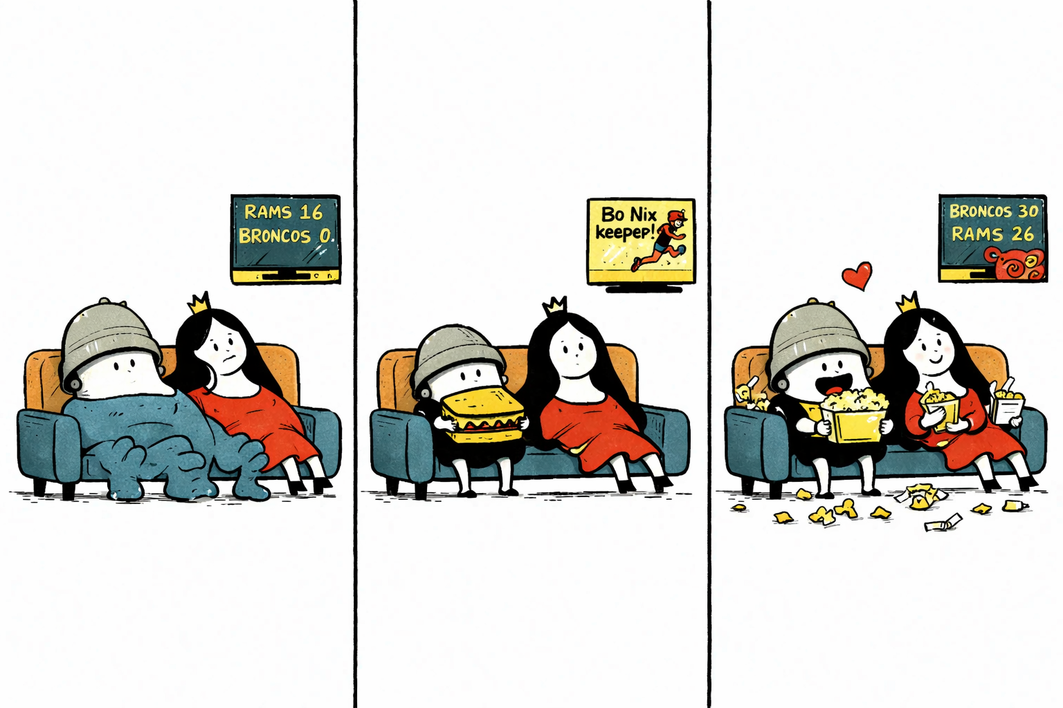 Three panel micro-comic. Panel 1 shows Sarge and Queen lounging like liquid puddles on a blocky couch, calm while a tiny TV displays a lopsided football score. Panel 2 reveals them upright but expressionless; Sarge holds a huge cheeseburger as the TV shows an excited football play with a speech bubble. Panel 3 finds them happily munching snacks amid wrappers, a floating heart above them, and the TV reads a close sports score with a dizzy cartoon ram.
