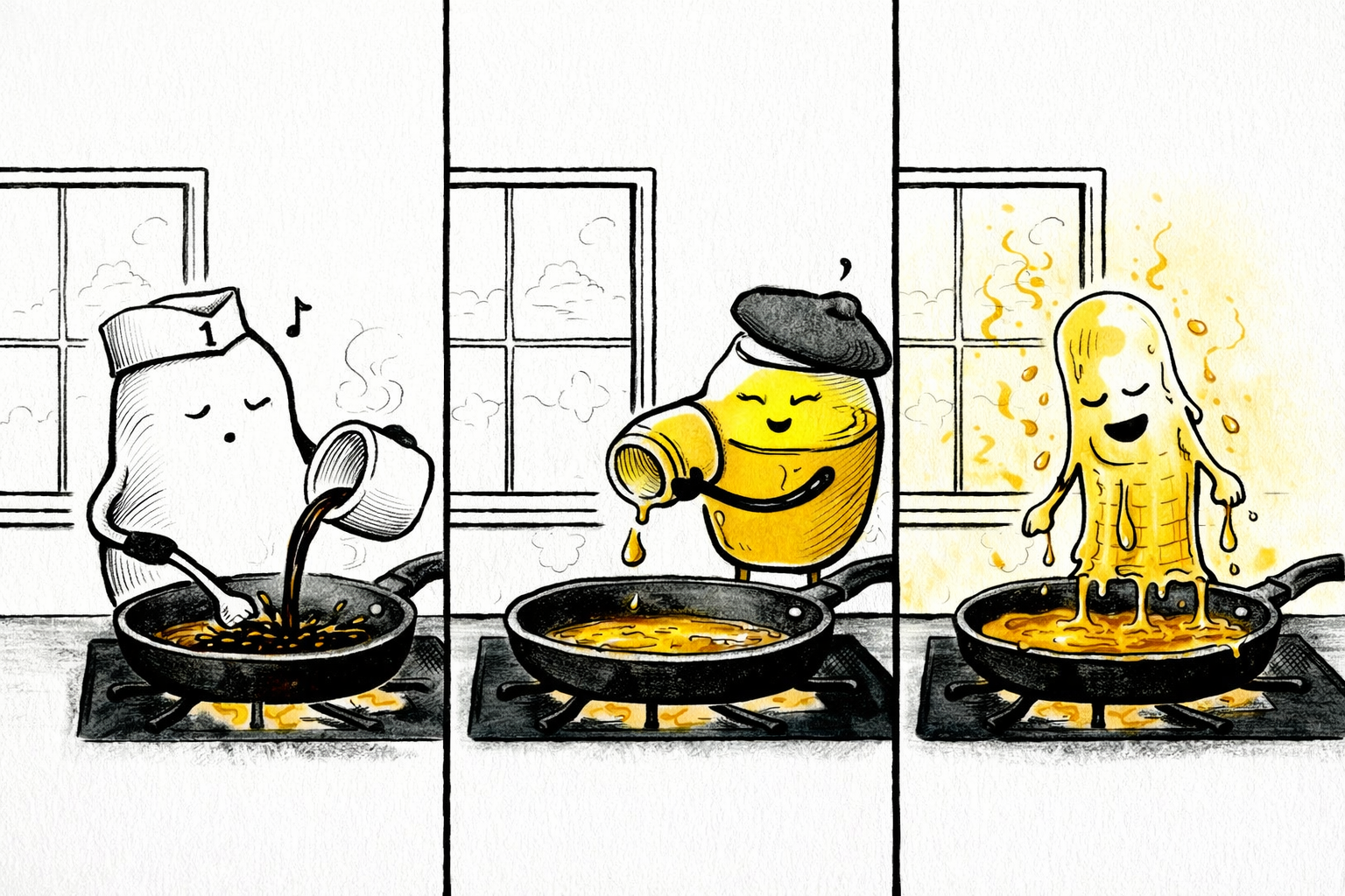Panel 1: Diner, a coffee cup wearing a paper hat, gently pours coffee into a sizzling black skillet on a stove by a window. Panel 2: Too Sweet, a honey jar with a beret lid, sprinkles sugar onto the skillet, one drop slipping as they smirk. Panel 3: Heatwave, a wobbly thermometer with boots, sweats shiny drips that form a glowing caramel glaze over the skillet, eyes happy and proud.