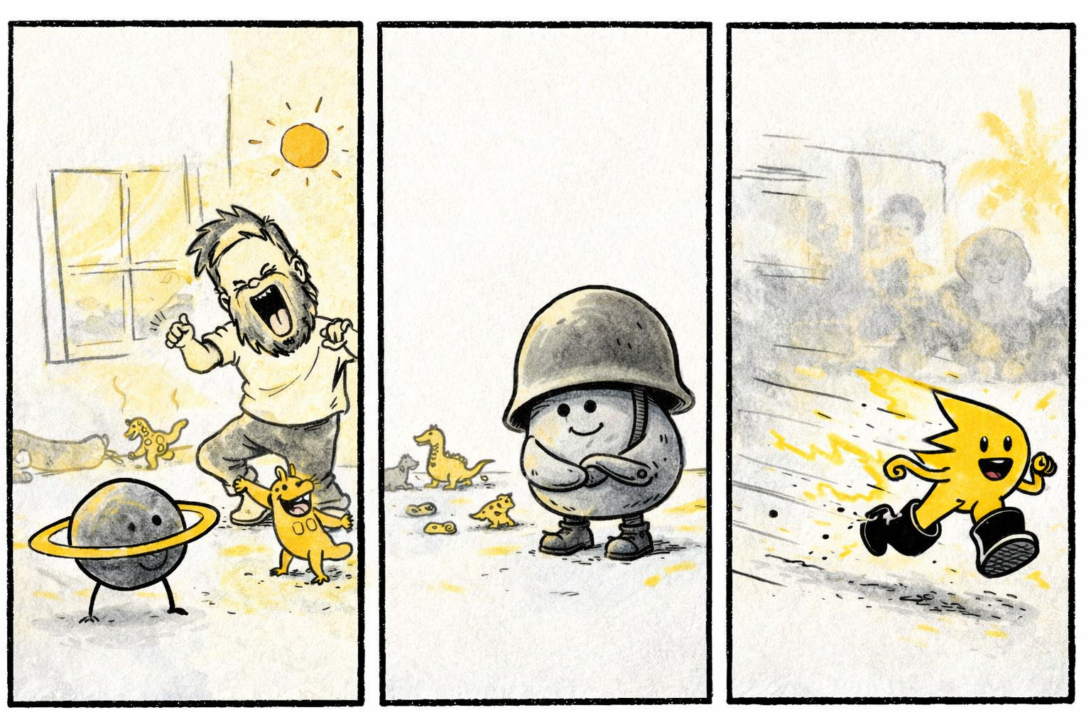 Panel 1: Orbit—a tiny ringed planet with stick legs—observes Dad (a ghostly dada figure) dancing wildly with a small, cheerful T-Rex toy under a big sunlit window. Panel 2: Sarge, a round pebble in a dented helmet, watches amused with a soft smile. Panel 3: Zip, a tiny lightning bolt wearing big black boots, zips past gleefully with a caption bubble expressing unstoppable joy.
