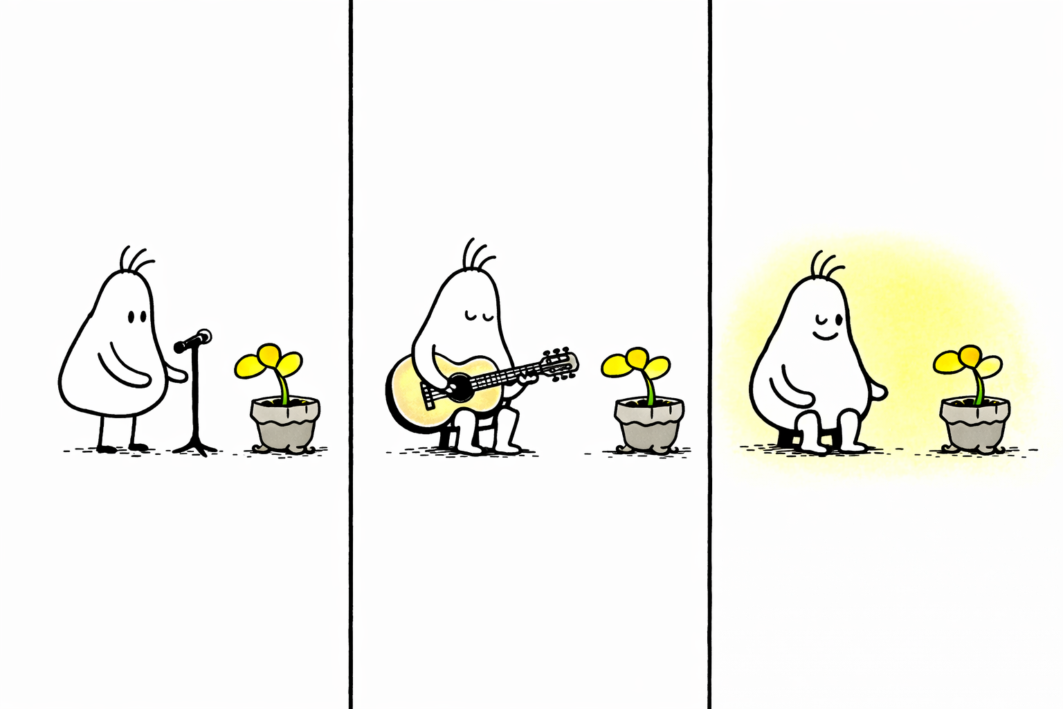 Panel 1: Pip arranging a tiny makeshift stage with a small microphone in front of a sideways-growing yellow sprout in a cracked flowerpot. Panel 2: Pip strumming a miniature guitar gently, eyes closed, as the flowerpot plant leans its single sprout attentively toward him. Panel 3: Pip smiles softly, a quiet spotlight on both him and the plant, sharing a tender moment of connection.