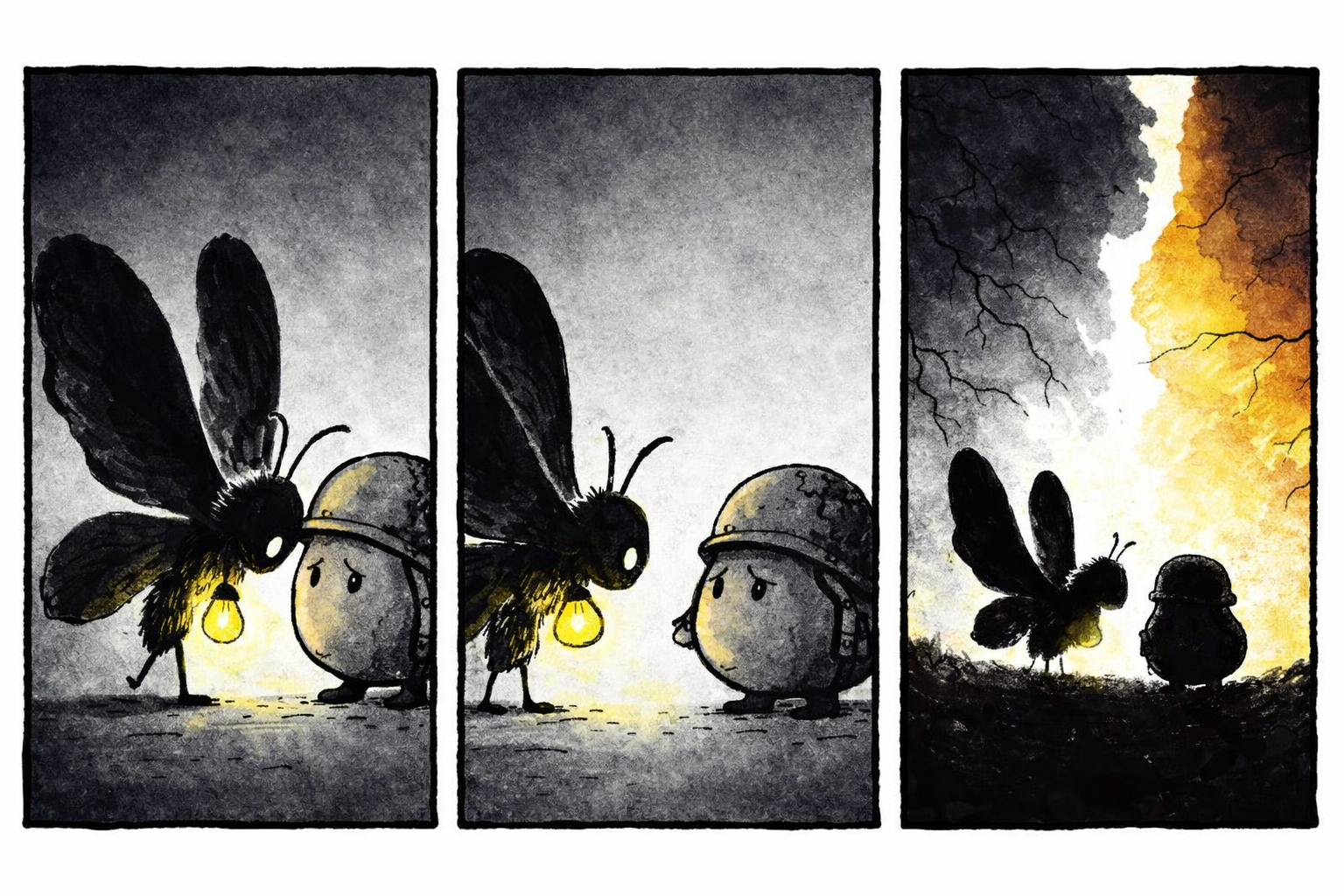 Three-panel micro-comic: Panel 1 shows scruffy Moth with luminous yellow bulb glowing, hovering near Sarge’s round pebble head clad in a worn helmet. Panel 2 depicts Sarge, voice soft but firm, with the moth’s wings dimmed behind. Panel 3 widens the view, showing fractured light casting long shadows, Moth’s huge dark wings folding, embodying the war-torn soul’s struggle between heaven and hell.