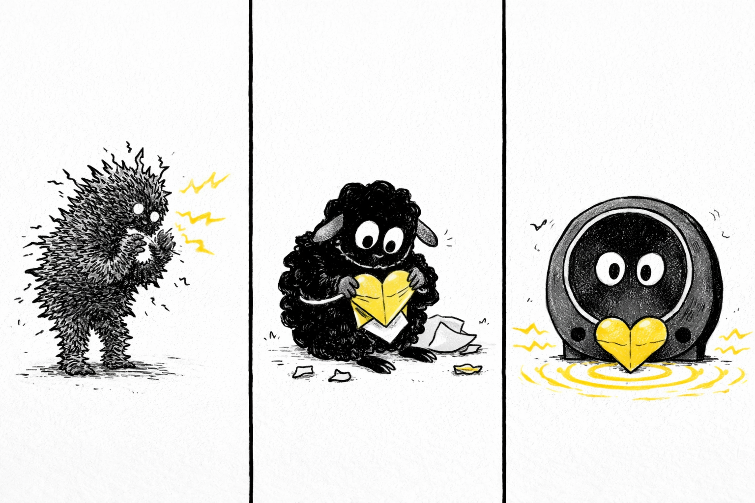 Panel 1: Static, a fuzzy, electric character, leans close whispering visible crackling waves. Panel 2: Black-Sheep, a quirky origami artist character, carefully folds a folded paper shaped into a playful heart. Panel 3: Subwoofer, a big speaker-like character, thumps a deep bass pulse beneath the paper heart, with soft yellow sound waves emanating.