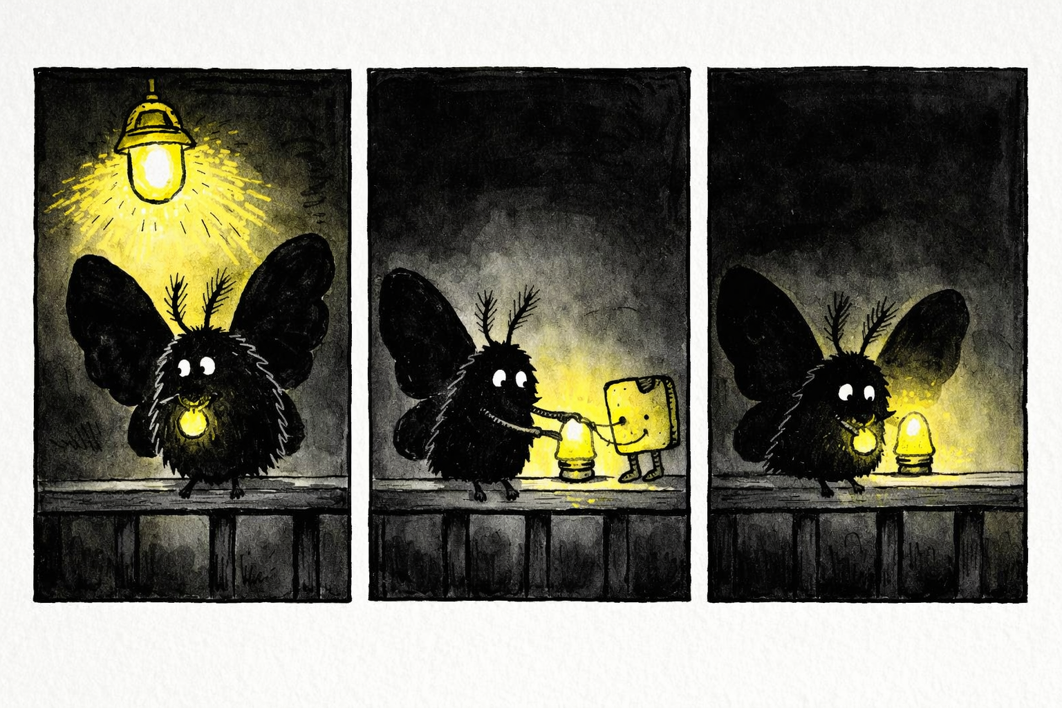 Panel 1: Moth with huge black wings and a glowing yellow bulb charm perches on a porch railing under a glaring porch light at night. Panel 2: Crumb, a lopsided toast heel with a missing corner and tiny boots, carefully sets down a small lamp beside Moth on the porch railing. Panel 3: The big porch light is off, leaving Moth softly illuminated by the small warm lamp, both look calm and tender in the quiet night.