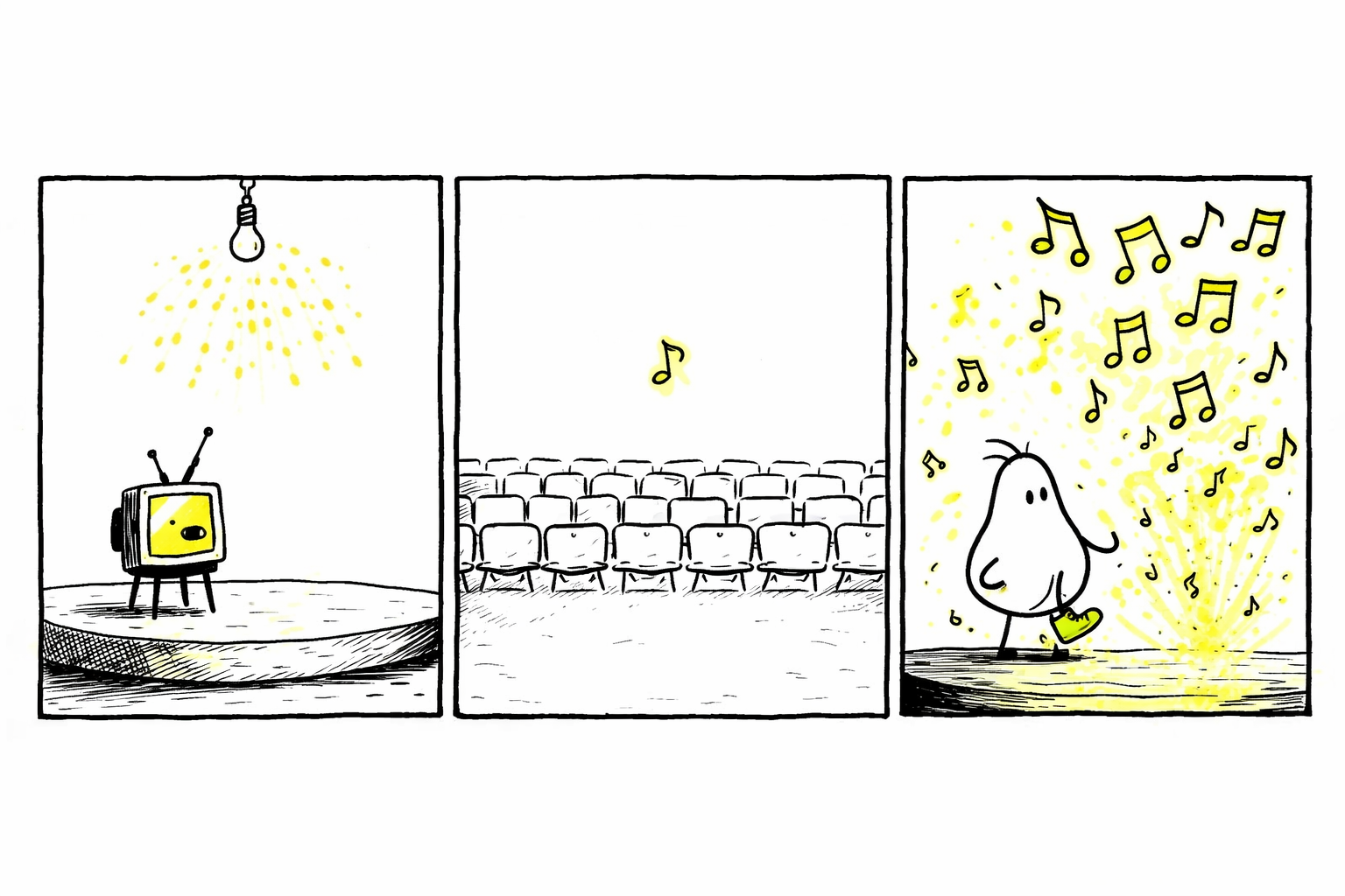 Panel 1: Static, a tiny square TV with bent antenna legs and a yellow glowing eye, stands on a small stage under a buzzing light with a disco ball effect. Panel 2: Rows of empty theater seats stretch back with only a small floating musical spark hovering above. Panel 3: Pip, a white pear-shaped blob with tiny limbs, three hairs and one glittered shoe, taps the floor on stage. Goofy whimsical musical notes glow softly around, lighting up the stage warmly.