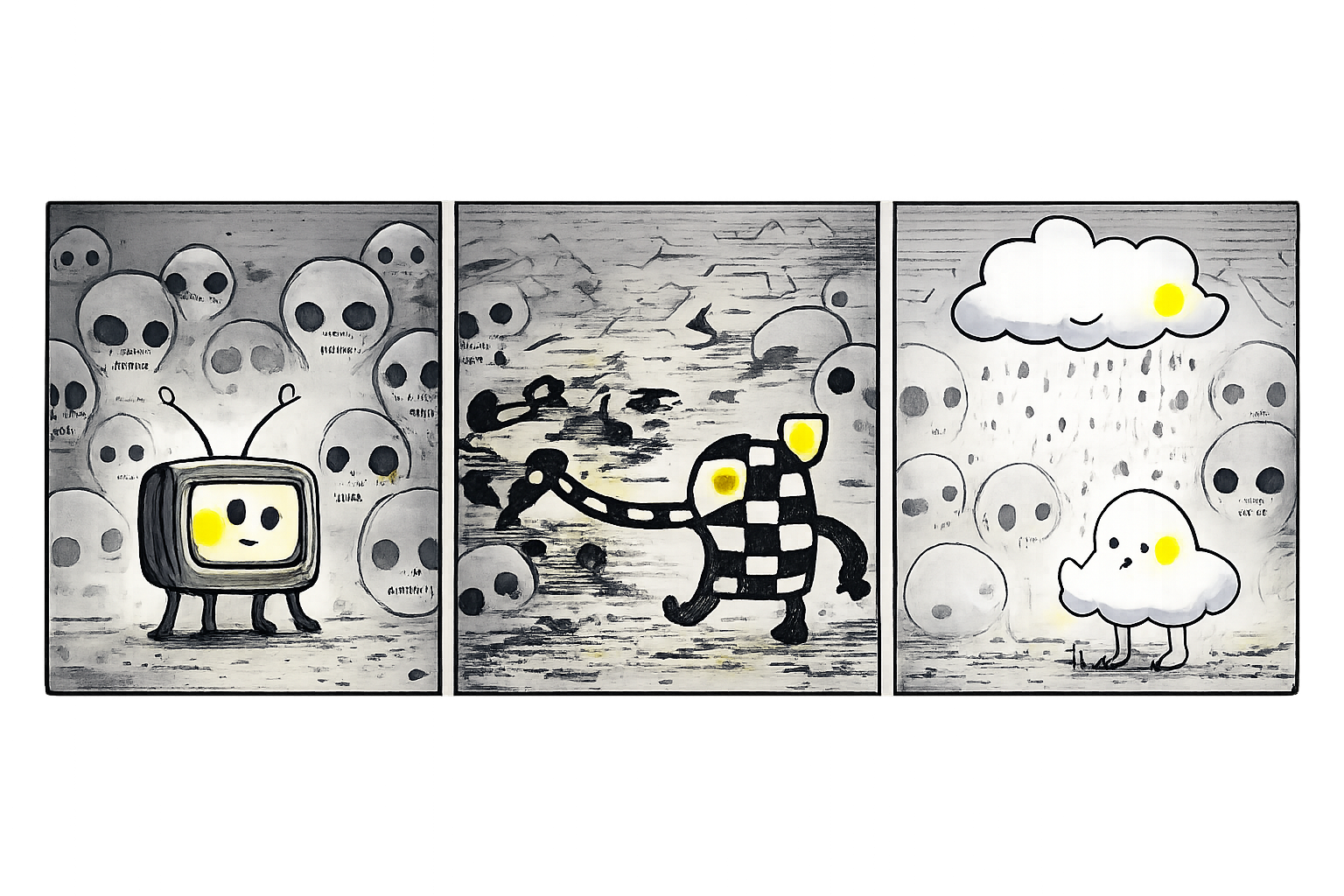 Panel 1: Static, a tiny TV box with one yellow screen eye, looks anxious amidst blurry indistinct shadowy face shapes. Panel 2: Glitch, an asymmetric checkerboard creature, stretches one long arm and accidentally twists multiple faces into strange expressions. Panel 3: Hush, a soft white cloud with raindrop feet, softly rains over the faces, calming their distortions into gentle smiles.