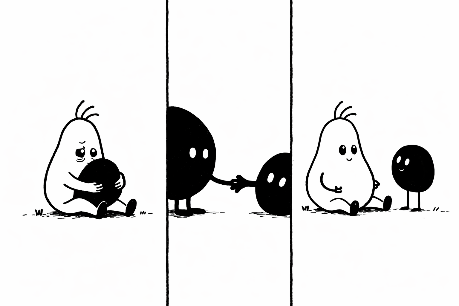 Panel 1: Pip hugs a small black oval closely, eyes wide with sadness. Panel 2: Void extends a hand with a soft, quiet gesture. Panel 3: Pip looks up, eyes softening, a small smile beginning.