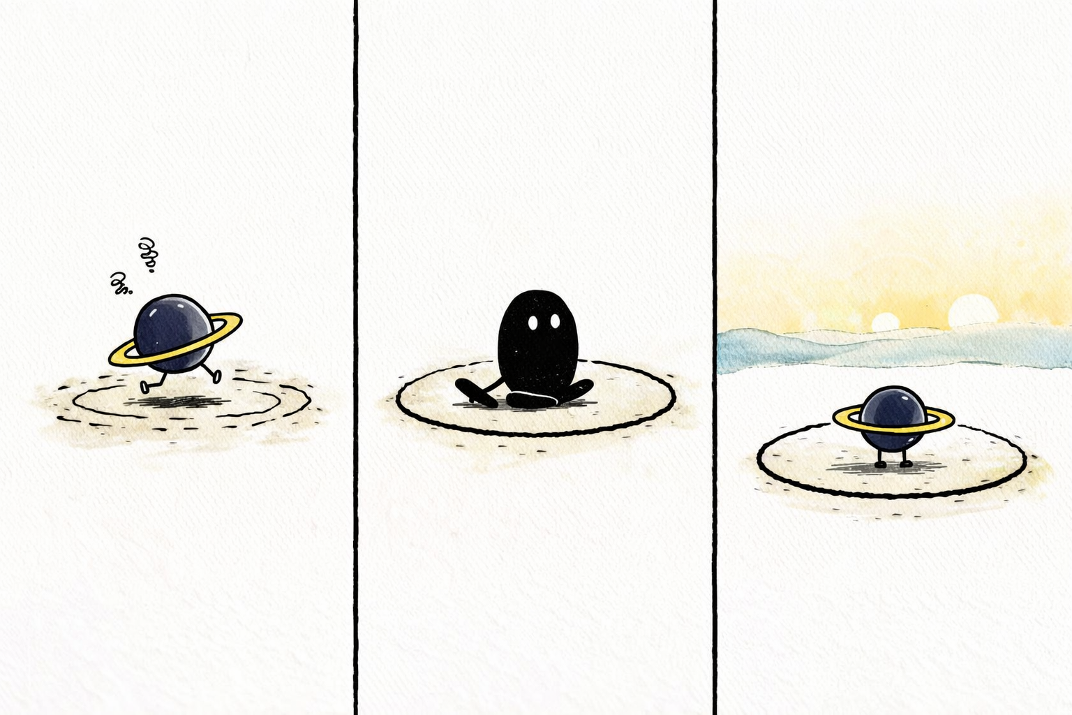 Panel 1: Orbit, a tiny ringed planet with stick legs and a yellow tilted ring, walks in small circles looking worried. Panel 2: Void, a solid black oval with tiny limbs, draws a circle on the ground and steps into it, sitting calmly. Panel 3: The scene zooms out to show Orbit hovering peacefully inside Void’s drawn circle, looking contemplative as the sun rises.