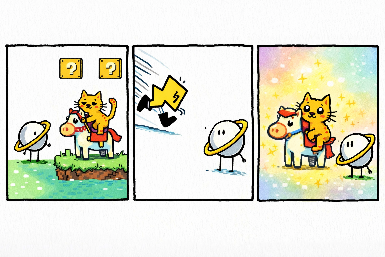 Panel 1: Orbit, the tiny ringed planet with stick legs and a tilted yellow ring, watches a tiny cartoonish cat hopping onto a colorful pixelated horse that has Mario-game-inspired blocky features. Panel 2: Zip, the tiny lightning bolt in large black boots, zooms past shouting joyfully as Orbit looks puzzled. Panel 3: The cat and the horse glow softly with a magical mushroom power-up effect; Orbit floats beside them, wide-eyed and contemplative.