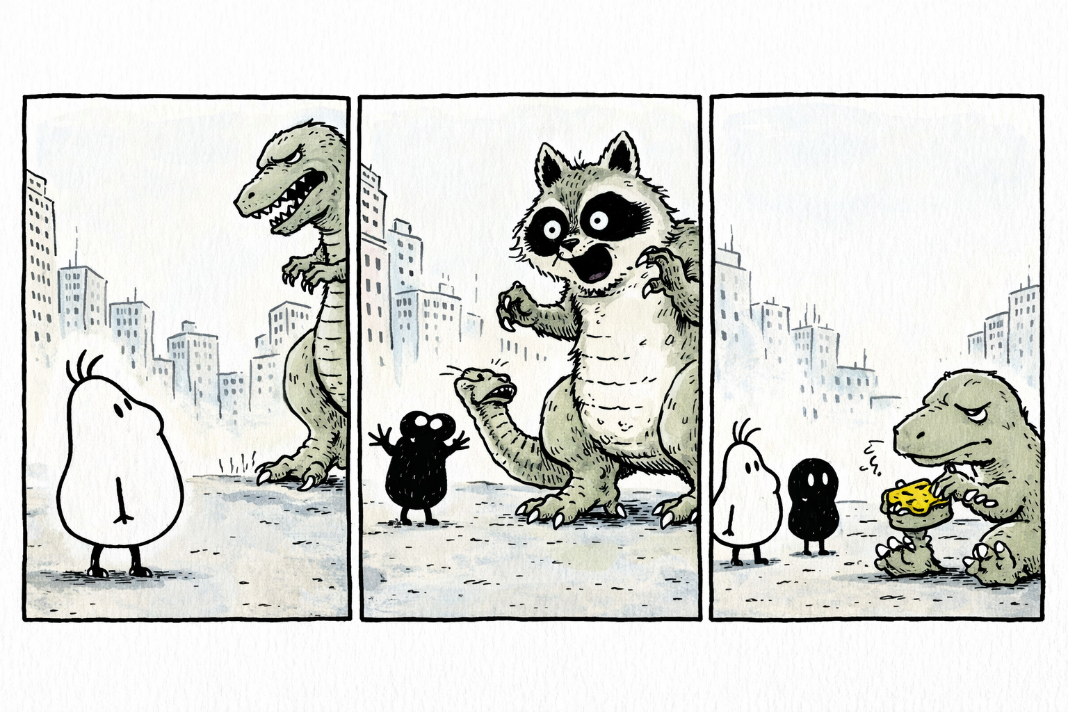 Three panels: 1) Pip, a white pear-shaped blob, looks up startled at a huge dinosaur walking past city buildings. 2) Void, a black oval, gestures confidently as a giant mutant raccoon squares off with the dinosaur. 3) The victorious raccoon munches on a snack while the dinosaur looks confused nearby; Pip and Void watch.