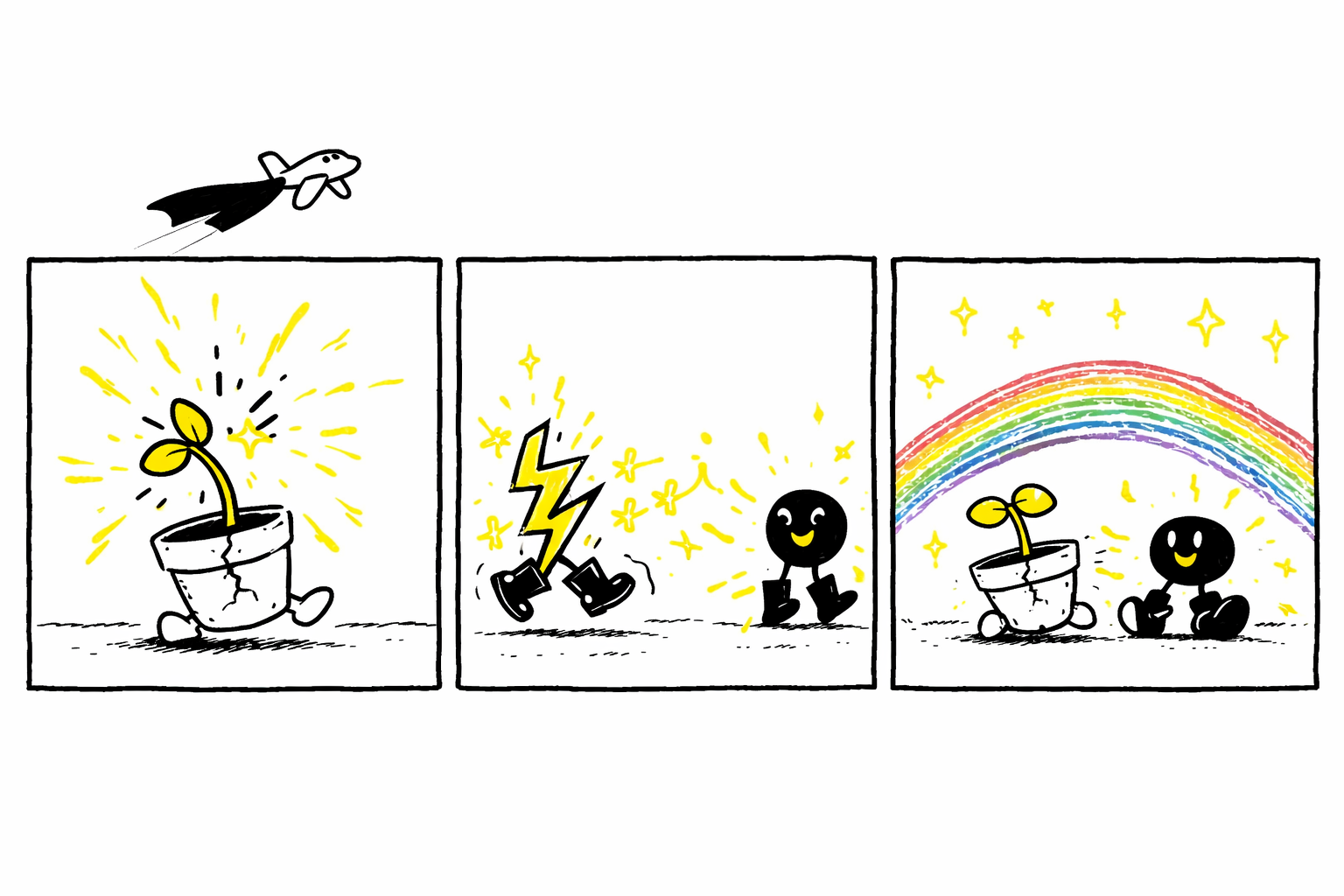 Panel 1: Bloom, a cracked flowerpot with a single bright yellow sprout, bursts upward like a firework across a flat plain. Panel 2: Zip, a tiny lightning bolt in giant boots, zooms in leaving sparkling electric trails that bounce off Bloom's leaves. Panel 3: Together, their radiant light forms a vibrant rainbow arch overhead. Both show tiny exaggerated grins.
