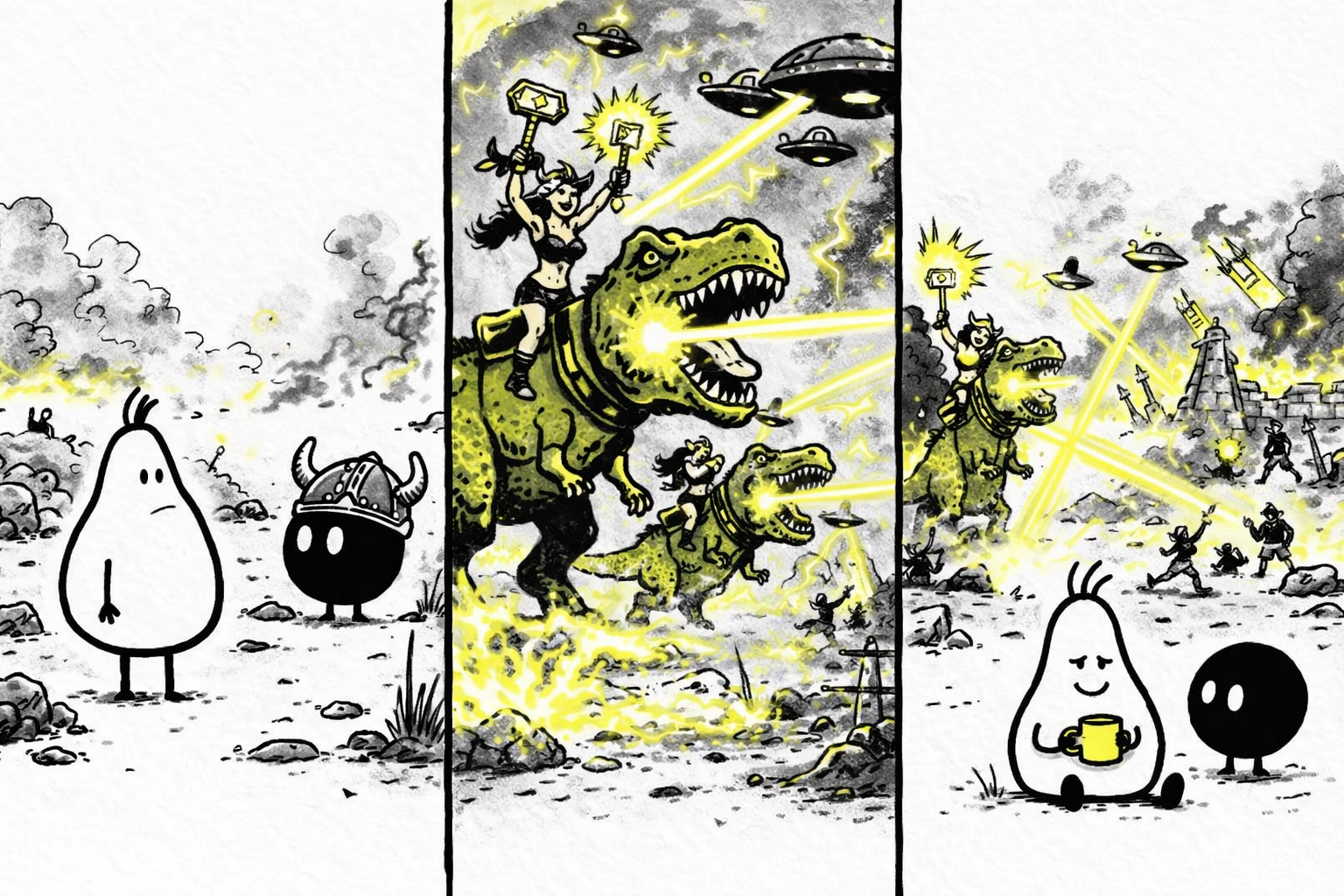 Panel 1: Pip (white pear blob) looks skeptical next to Void (black oval) who's donned a tiny Viking helmet. Panel 2: Shirtless female Vikings, muscular and fierce, ride roaring T-Rexes shooting laser beams from shoulder cannons while wielding shiny, gem-studded Thor-like hammers. Panel 3: Pip holds a tiny cup of coffee, looking tired but amused amidst the chaotic alien invasion battle.