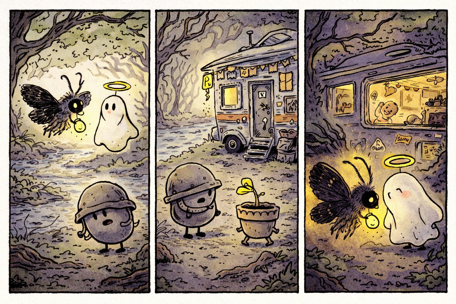 Three panels show: 1) Moth hovering near a small floating ghost with a crooked halo amid woods by a creek. 2) Sarge the pebble in a dented helmet stands beside a sideways growing flowerpot Bloom, both looking toward a funky RV. 3) Inside the RV, a tiny baby giggles while outside the moth and ghost share a tender moment, and Sarge smiles subtly.