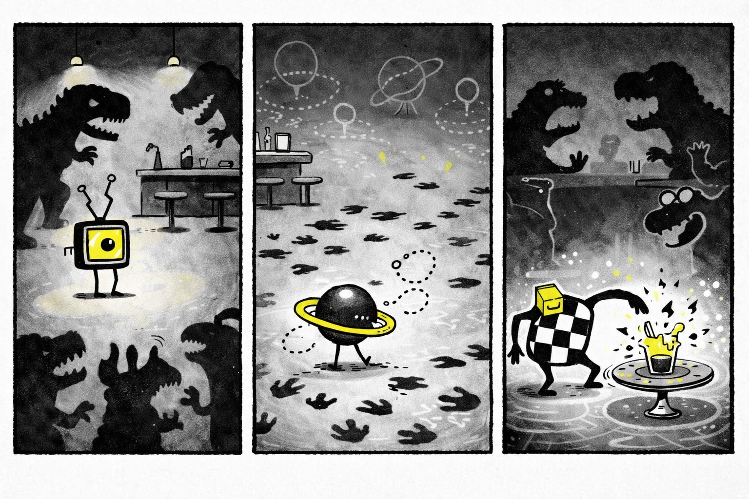 Panel 1: Static, a small box TV with bent antenna legs, nervously announces to an invisible audience. Panel 2: Orbit, a tiny ringed planet with stick legs and a tilted yellow ring, overthinks the space between fantastical dinosaurs at a bar. Panel 3: Glitch, a checkerboard creature with one long arm, accidentally spills a drink, breaking the pattern and surprising everyone.