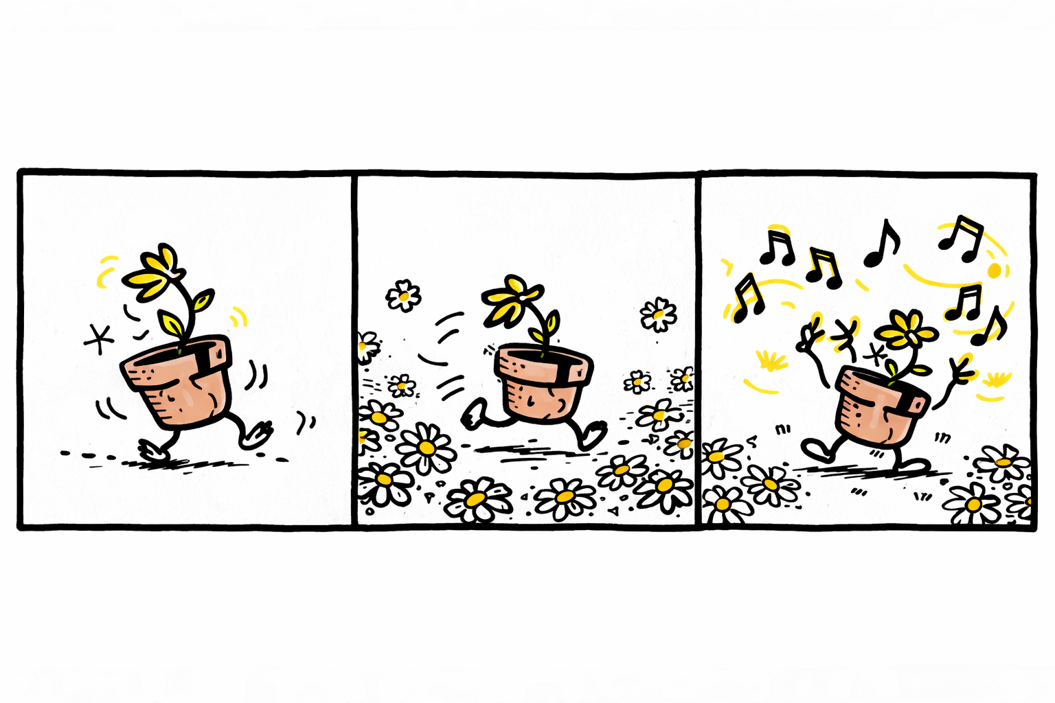 Panel 1: Bloom, a cracked flowerpot with a yellow sprout, twirling joyfully. Panel 2: The sprout’s roots grow tiny legs and gallop across a field of cheerful daisies always landing on “loves me.” Panel 3: Daisies transform into music notes as Bloom waves arms conducting an invisible sunny symphony.
