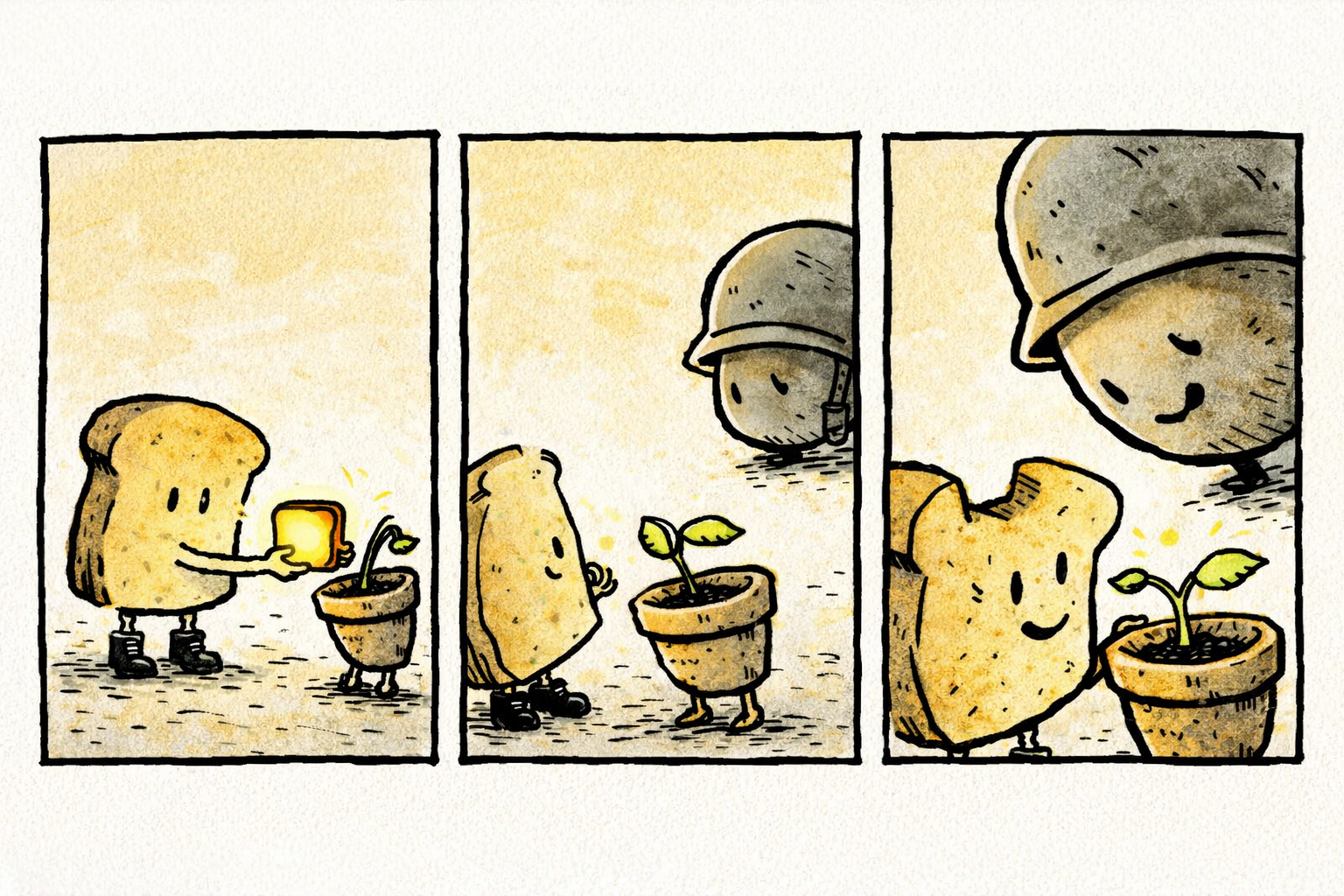 Panel 1: Crumb, a lopsided toast with one missing corner and tiny boots, kneels carefully offering a small loaf to Bloom, a cracked flowerpot with a small yellow sprout growing sideways stubbornly. Panel 2: Sarge, a round pebble with dented oversized helmet, stands watching with a tough voice but gentle eyes, helmet tilted a bit. Panel 3: Bloom’s yellow sprout curves tenderly toward Crumb’s missing toast corner as Crumb looks on, their connection subtle but real.