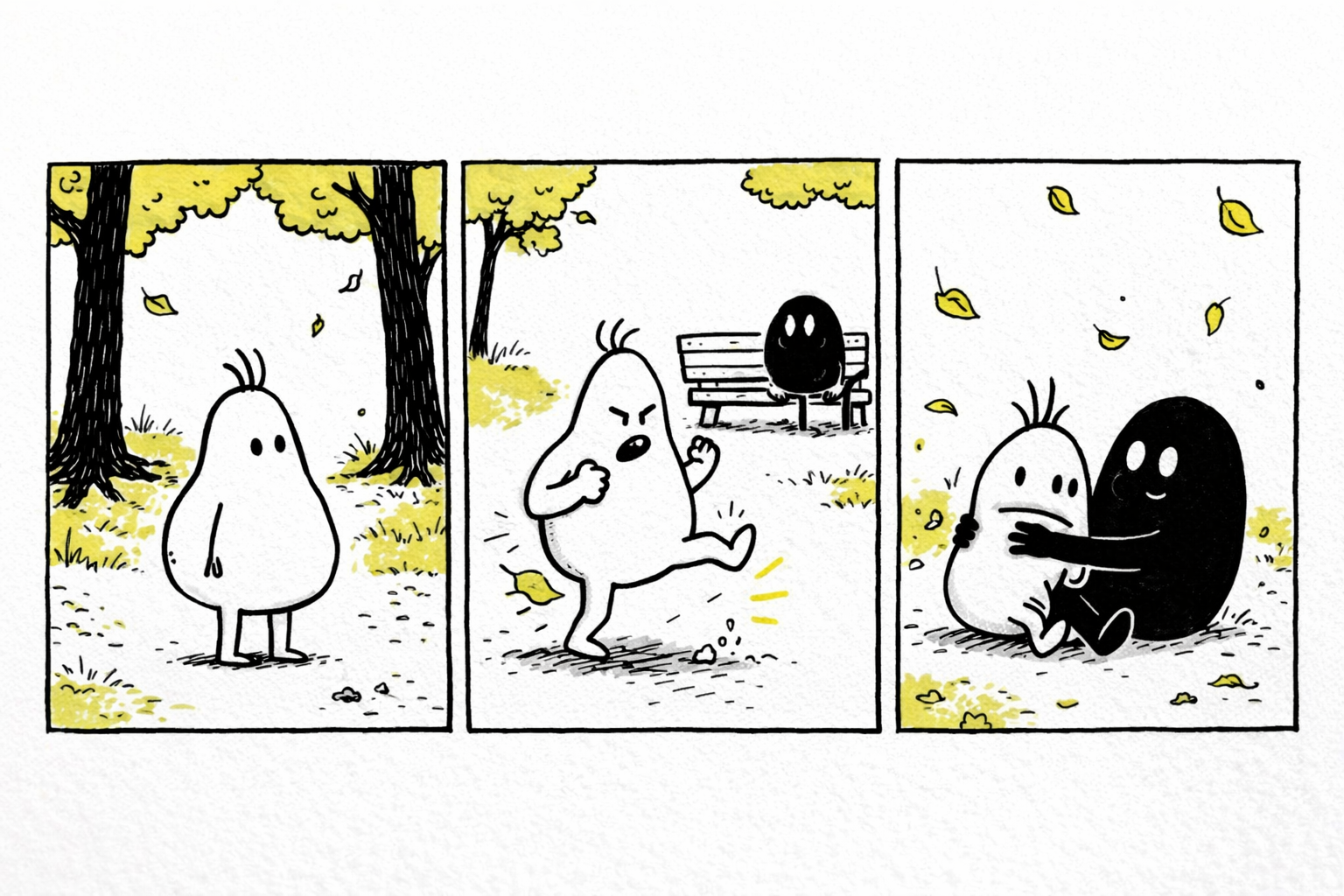 Three-panel comic: 1) Pip hesitating at a park entrance, looking nervous; 2) Pip awkwardly trying to pose tough but stumbling; 3) Void quietly catching Pip with a kind, silent smile.