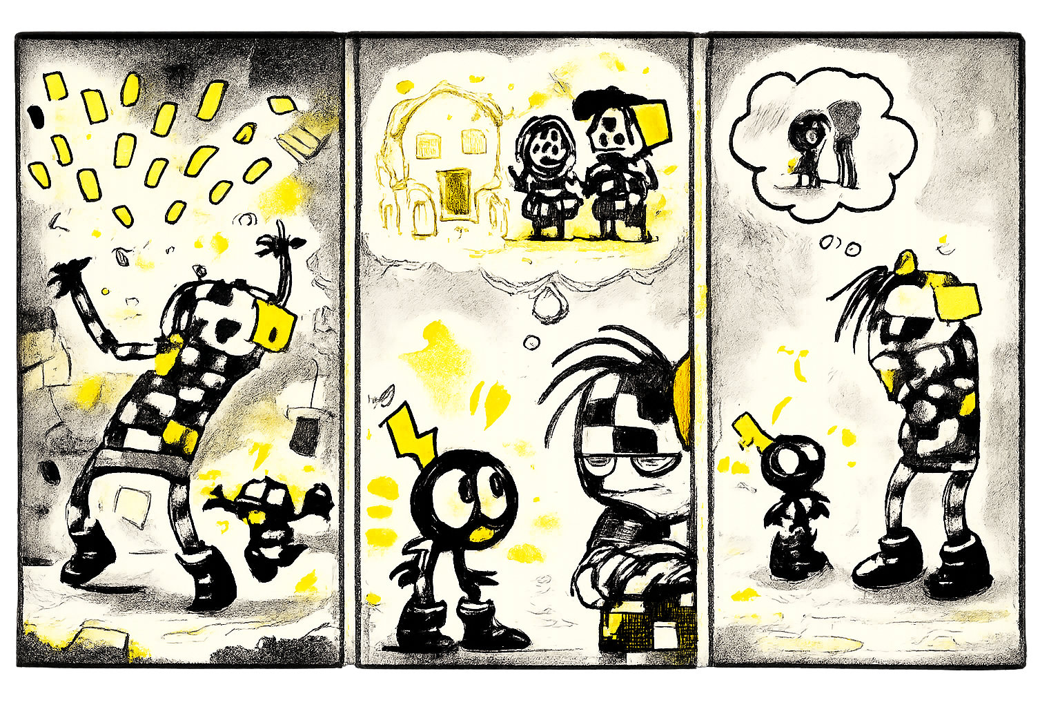 Panel 1: Glitch stands center stage tossing glowing paper singles upward with chaotic flair as Zip dances excitedly beside him in large black boots. Panel 2: Zip, eyes shining, visions a tiny house with a white picket fence while Glitch gazes skeptically. Panel 3: Glitch shuffles backward with a hesitant look, shadowy thought bubble reading 'not ready for a Willow' while Zip looks on, surprised yet tender.
