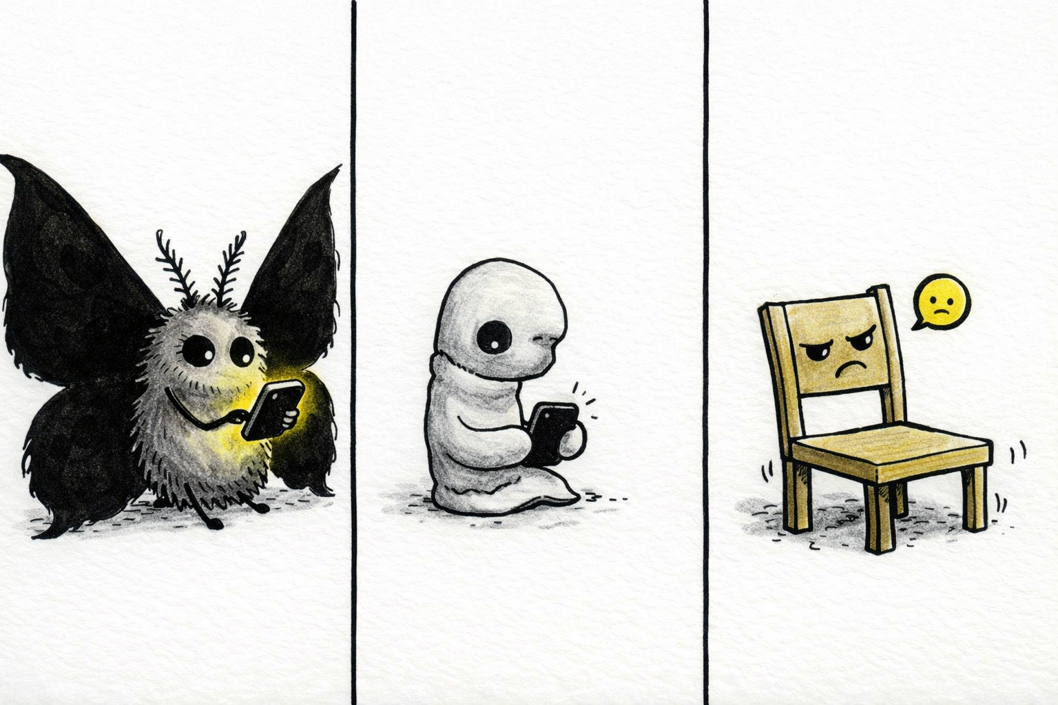 Panel 1: Moth with large ink-black wings, yellow bulb glowing dimly, typing thoughtfully on a phone. Panel 2: Bad Habit holding a pencil, erasing the bottom line of Moth’s message, looking shy and hesitant. Panel 3: Angry Chair slightly tilted forward, a small yellow sigh emoji floating beside, the chair’s wood creaks subtly.
