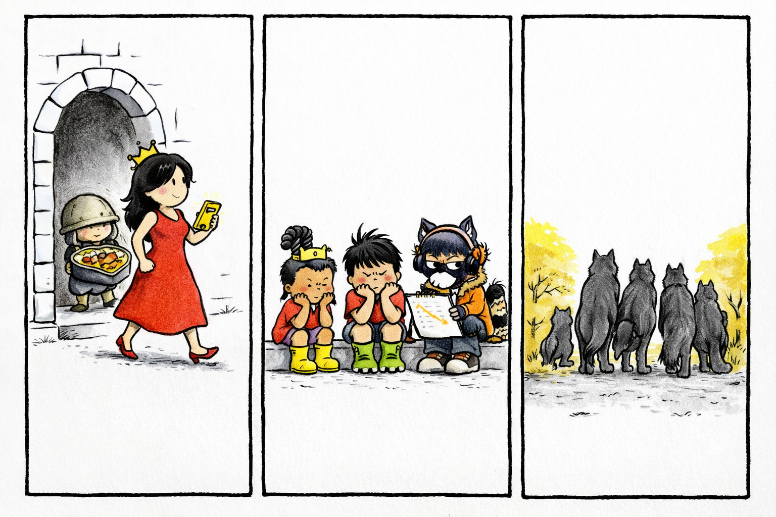 Panel 1: Queen in bright red dress strides out a castle gate, nose high, phone glowing. Sarge, wearing a dented helmet, stands in the doorway holding a large heart-shaped casserole dish. Panel 2: Princess Baby Girl, Raptor, and Rowdy Racoon sit side-by-side on a curb, chins resting on hands; Rowdy displays a notebook with a chart line plummeting off the page. Panel 3: The wold pack from the other comics (entire pack) somber back into the wild.