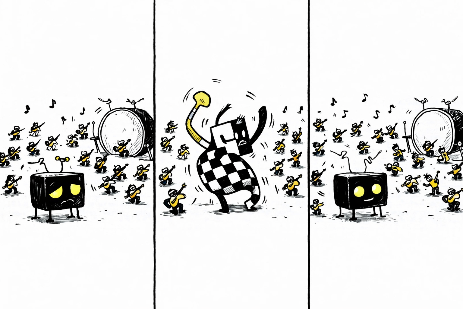 Panel 1: Static, a small box TV with bent antenna legs and a yellow screen eye, looks somber as a crowd of tiny violin players and a gigantic drum surround him. Panel 2: Glitch, the asymmetric checkerboard creature with one long arm, headbangs enthusiastically front and center, a yellow square ear tilted. Panel 3: The orchestra plays, with many tiny violins and the huge drum, Static’s eye glowing brighter as the heavy music turns almost whimsical under the strings.