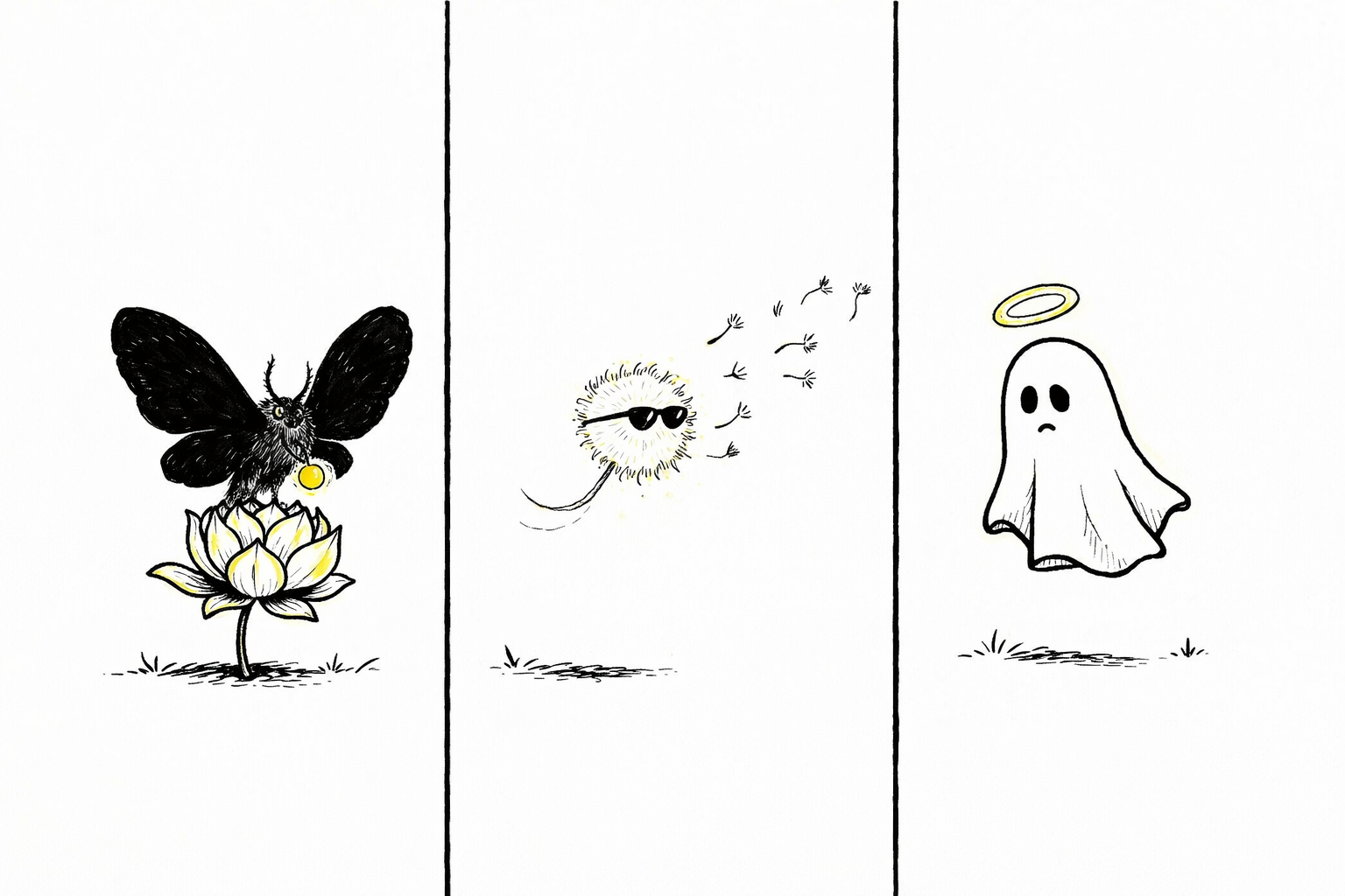 Panel 1: Moth with huge black wings lands solemnly on a drooping lotus flower highlighted with acid-yellow accents. Panel 2: Wild Free, a dandelion puff wearing tiny sunglasses, drifts away carried by a gust, their yellow seeds slightly blown. Panel 3: Saint-ish, a small floating sheet ghost with a crooked yellow halo, hovers ambiguously near the flower, uncertain.
