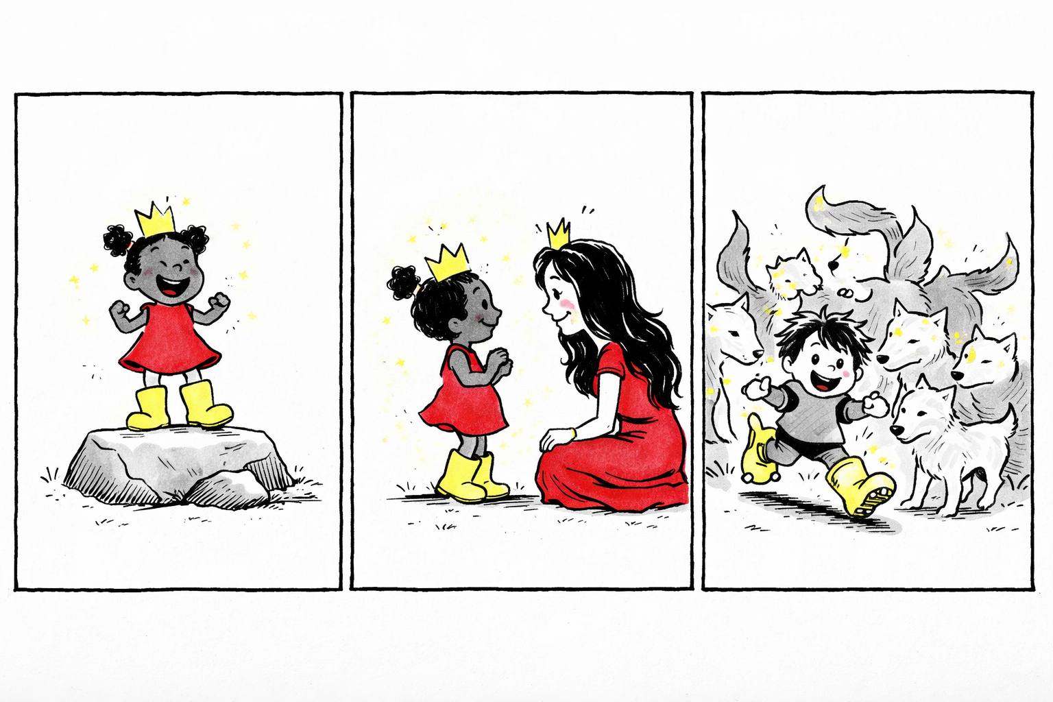 Three panels: 1) Princess Baby Girl stands tall with springy hair puffs, wearing a crooked paper tiara and oversized rain boots, raising a small fist confidently as she declares herself Wolf Queen. Sarge, T-Rex & Rowdy Racoon are standing beside her. 2) Queen, in her flowing bright red dress and tiny crooked crown, kneels to embrace Princess warmly, her hair flowing, gentle smile showing love and resolve. 3) Raptor, energetic and wild-haired, crouches playfully among a group of stylized wolves; his joyous face radiates fearless loyalty as the pack encircles them in protective unity.