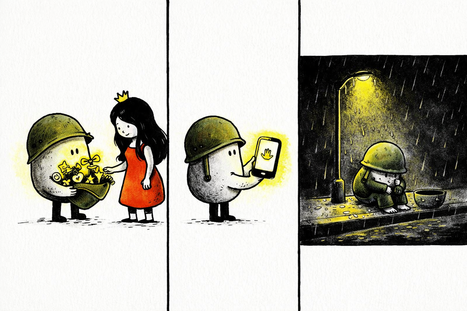 Panel 1: Sarge empties his entire dented helmet into Queen's arms—medals, a small heart, boots, a candle—she holds the pile in her bright red dress, looking past him. Panel 2: Sarge stands alone, helmet empty, his phone glows with a blank text bubble and a waving hand emoji. Panel 3: Sarge, helmetless and smaller, sits on the curb under a streetlight; rain fills his upside-down helmet beside him.