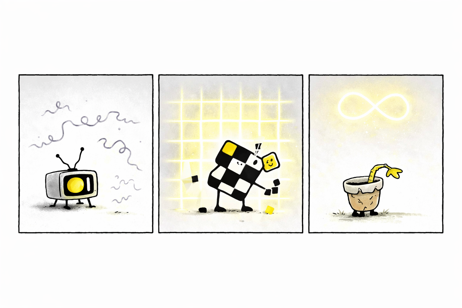 Panel 1: Static, the little TV with a yellow eye, looks anxious, antenna legs twitching, speaking nervously. Panel 2: Glitch, asymmetric checkerboard creature, stretches a long arm, accidentally creating pixelated noise in the air. Panel 3: Bloom, a cracked flowerpot with one sideways yellow sprout and little feet, leans sideways, half-hidden behind an infinity symbol glowing softly.