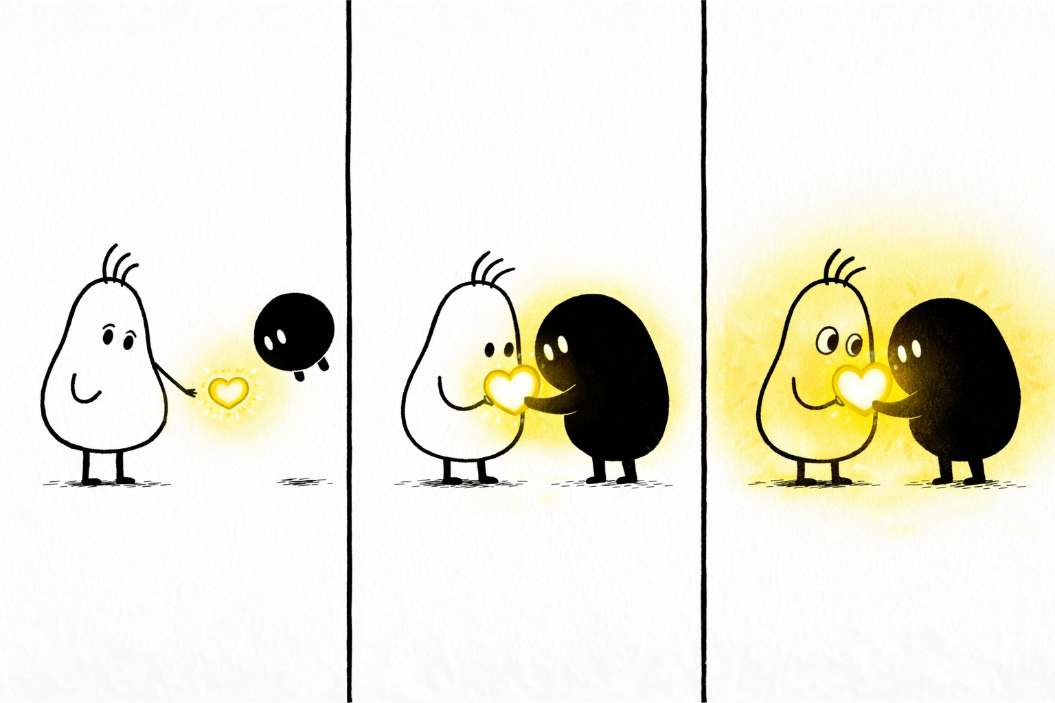 Panel 1: Pip, a white pear-shaped blob with three hairs, shivers nervously as a solid black oval character, Void, slides a tiny glowing heart-shaped bubble toward him. Panel 2: Void presses the bubble gently against Pip's chest, causing Pip's three tiny hairs to quiver. Panel 3: The heart bubble pops into a soft yellow glow that surrounds both characters; Pip’s eyes are wide with surprise, and Void's outline glows brighter.
