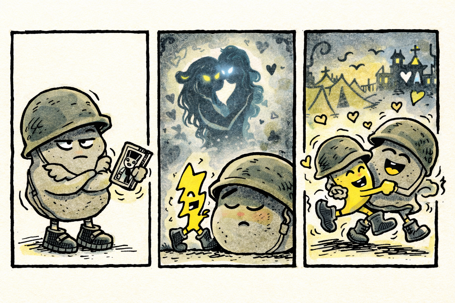 Panel one: Sarge frowns, arms crossed, as Zip excitedly stomps in giant boots holding an old tape labeled 'Living Dead Girl.' Panel two: Close-up of Sarge’s softening face, imagining a slow, awkward dance with a pale, smiling shadowy figure. Panel three: Zip spins Sarge around clumsily in a goofy dance, their helmets bumping gently as both laugh.
