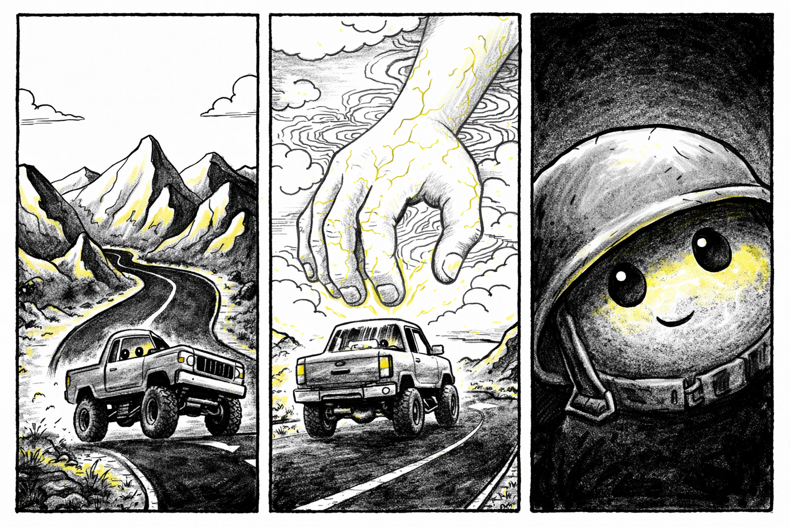 Panel 1 shows Sarge, a round pebble figure in a dented helmet, driving a lifted pickup along a winding highway beside jagged, sharp Diablo Grande Mountains under a stark sky. Panel 2 features a giant, glowing arm descending from stylized clouds, its hand blocking the road. Panel 3 is a close-up of Sarge’s pebble face and helmet tilt as he smiles gently, eyes reflecting the bright light beyond the giant hand.