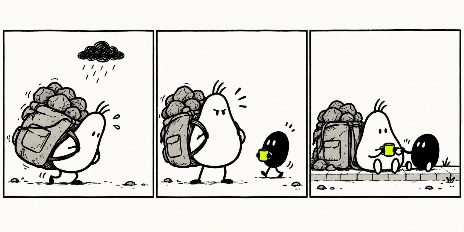 A burdened blob sets down a heavy backpack while a companion offers coffee.