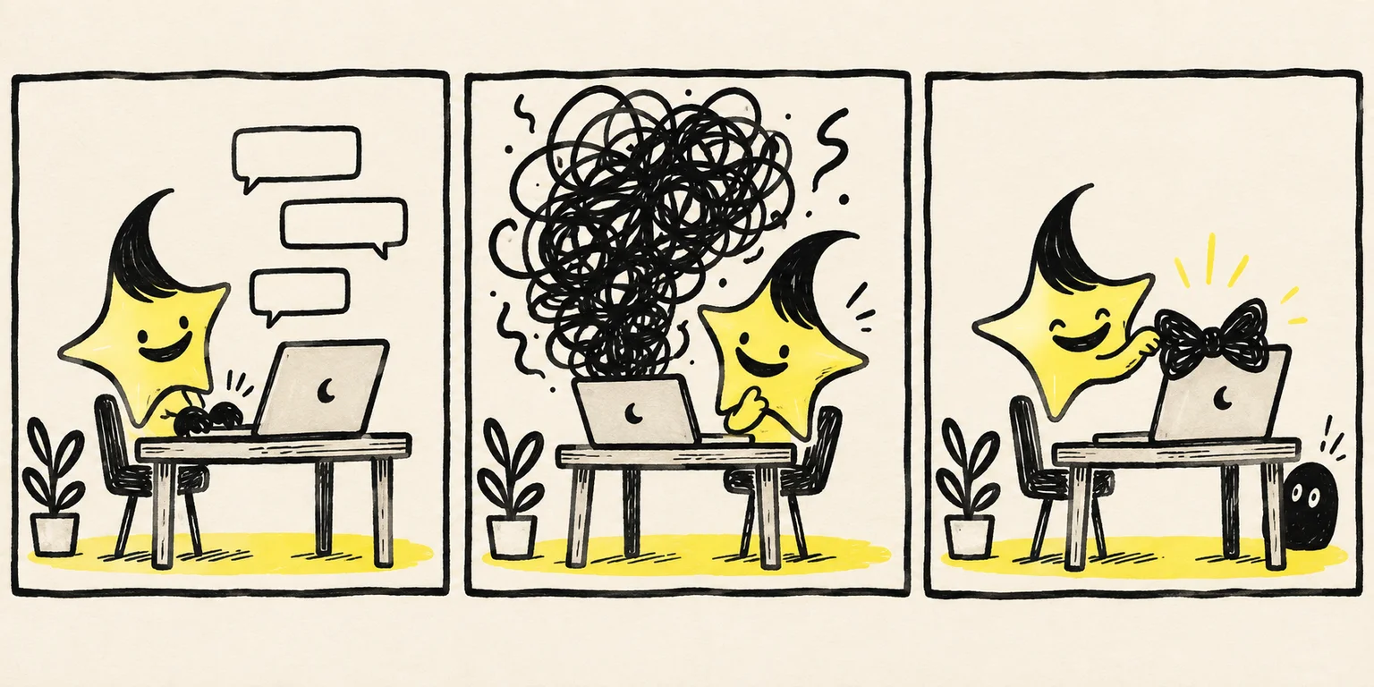 A fictional star spirit chats with a laptop and turns its tangled response into a bow tie.