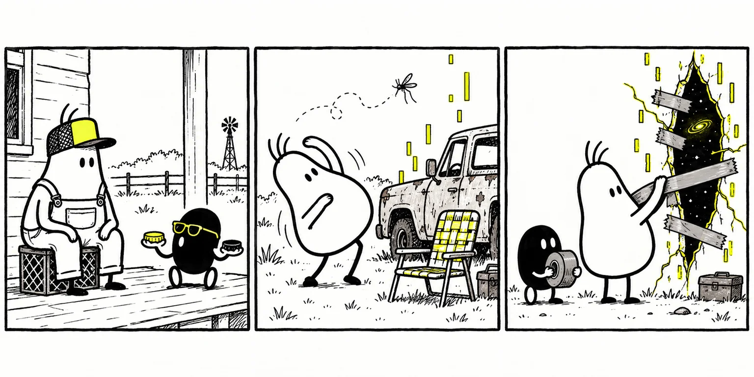 A porch-dwelling blob dodges a mosquito and repairs a crack in reality with tape.